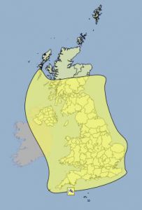 The Met office have issued a Yellow warning of wind for all but the highlands of Scotland on Monday 1st of June, and the morning of Tuesday 2nd June.