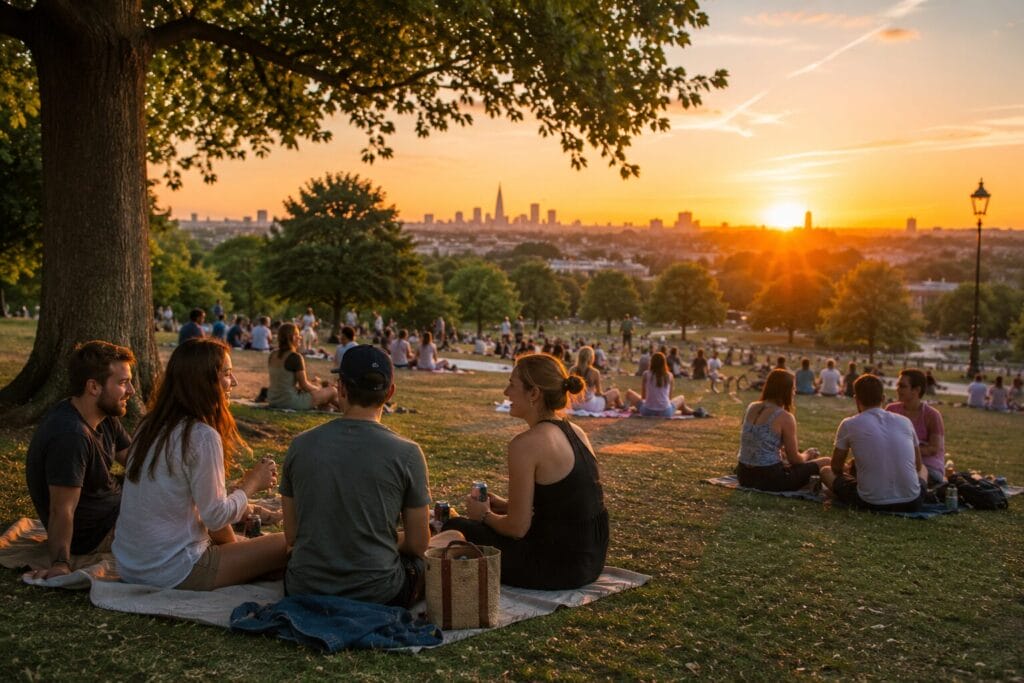 People enjoying a shaded UK park on a warm summer evening