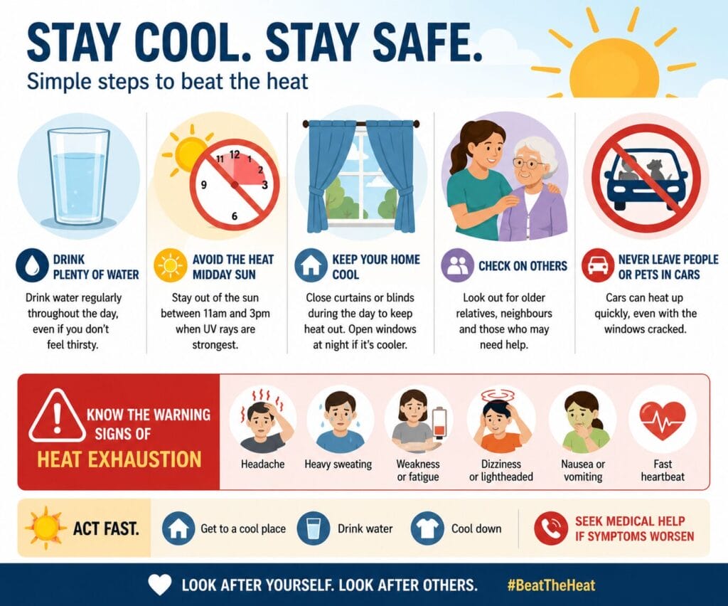 Checklist graphic showing how to stay safe during a heatwave
