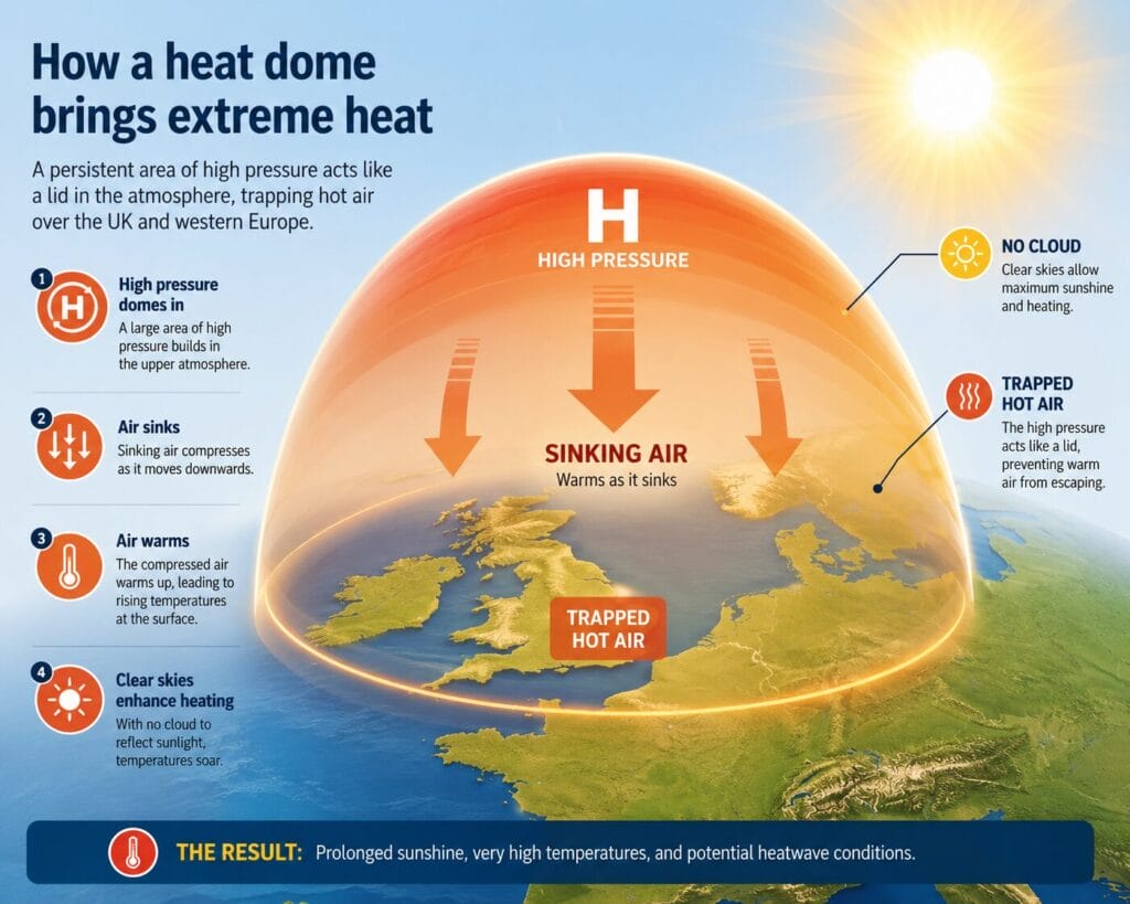 Diagram explaining how a heat dome traps hot air over the UK and western Europe