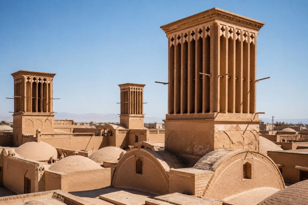 Traditional windcatcher towers in Yazd, Iran, used for natural cooling